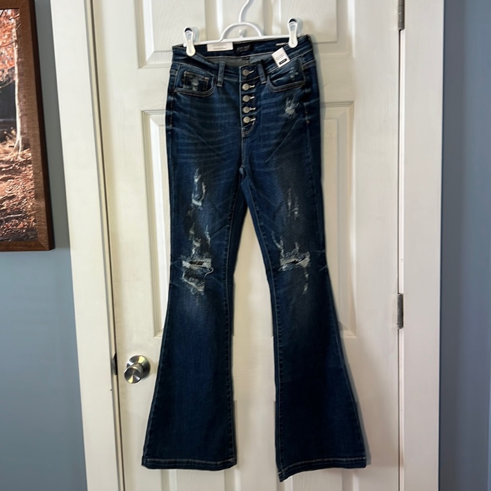 Judy Blue • Date Night Dark Wash Button Fly Distressed Trouser Flare Jeans